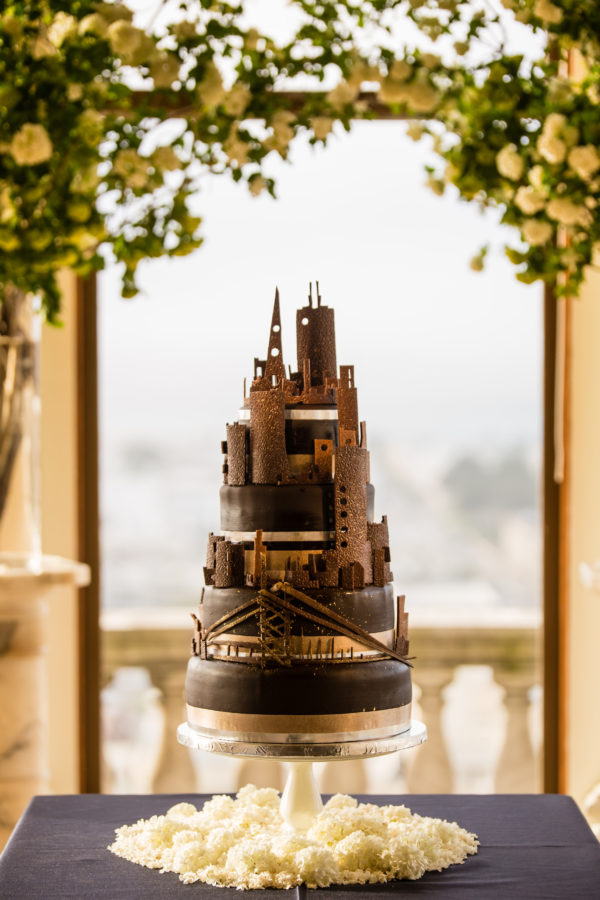 San Francisco wedding cake with chocolate skyline