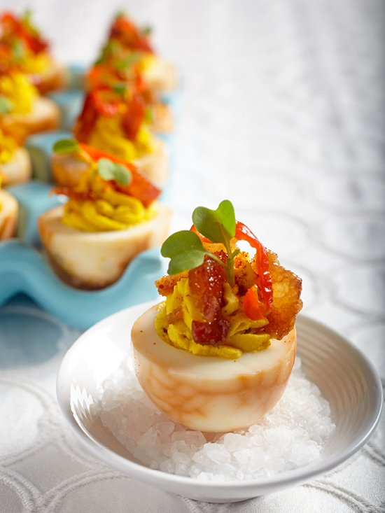 Smoked Deviled Egg with Candied Bacon