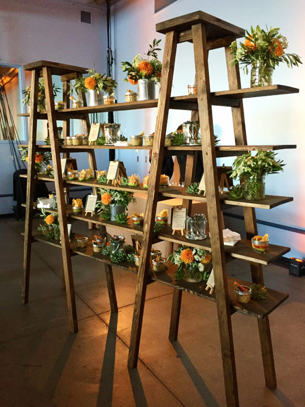 Food as decor: a custom-built ladder display station for our grab-and-go Chips & Dips.