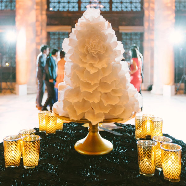 Three-Tiered Sugar Petal Wedding Cake at Asian Art Museum Reception